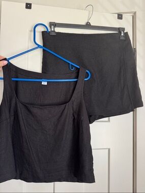 Black Linen Two-Piece Tank & Faux Wrap Skort Set